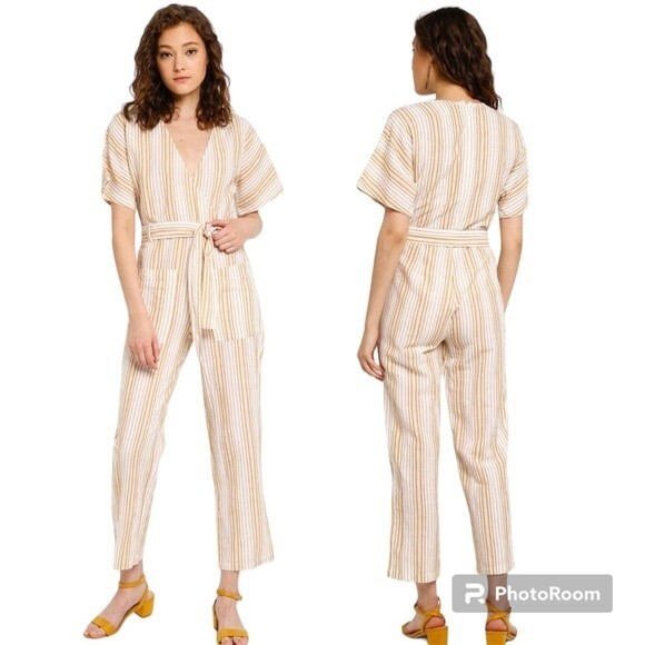 Topshop Yellow White Striped Linen Blend Jumpsuit Romper U.S. Size 8 - Picture 1 of 13